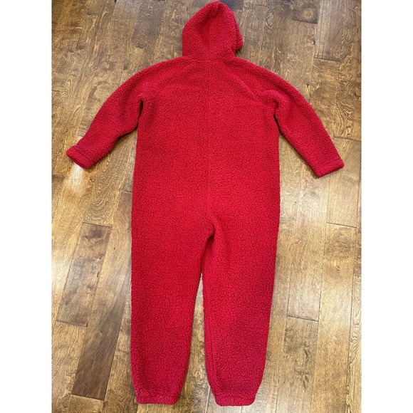 Eddie Bauer Plush Camp Suit Hooded Jumpsuit Sz L Sherpa Fleece Red Teddy Bear - Picture 15 of 15